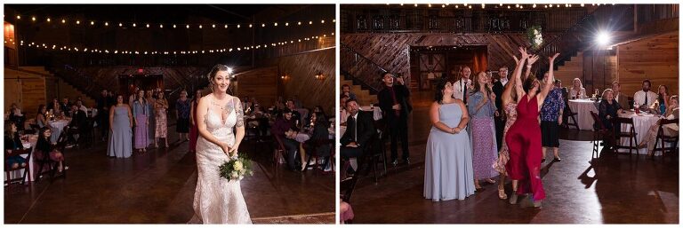 bouquet toss and catch in barn