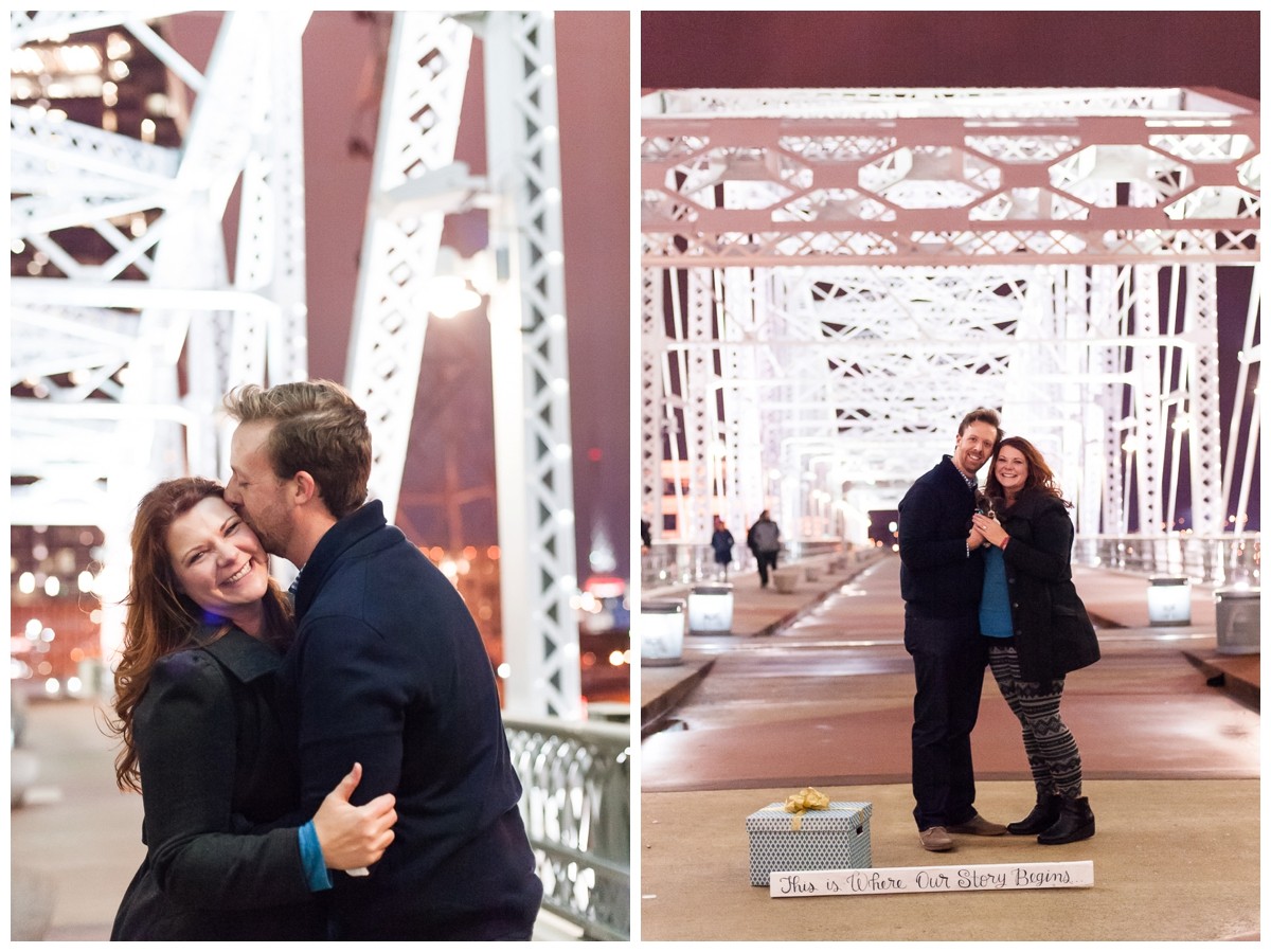 Nashville proposal couple on bridge with puppy