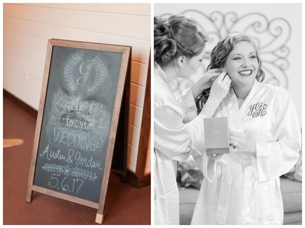 Horseshoe Lake Venue Huron TN sign and bride putting on earrings