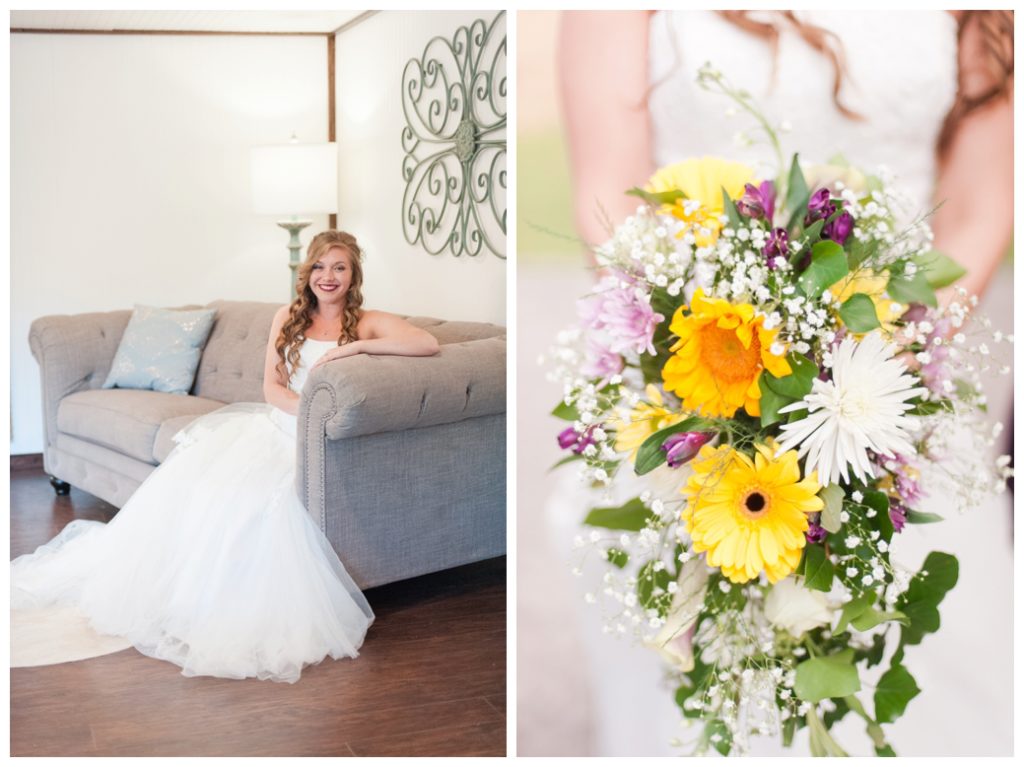 Horseshoe Lake Venue Huron TN bride on couch and bouquet