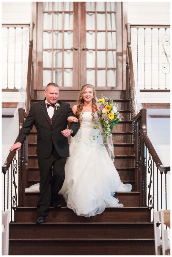 Horseshoe Lake Venue Huron TN bride and dad walking down stairs