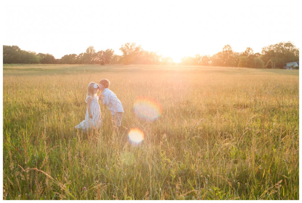 Wildflowers pictures little boy kissing sister on head in field