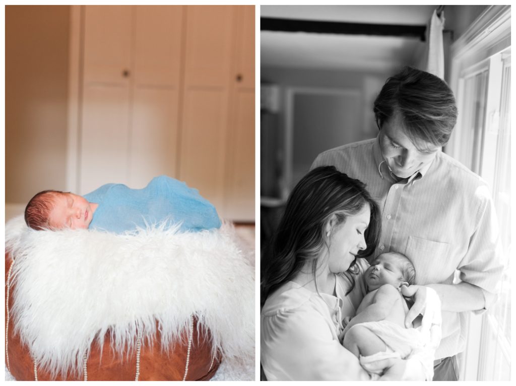 Graham Newborn on ottoman and with mom and dad