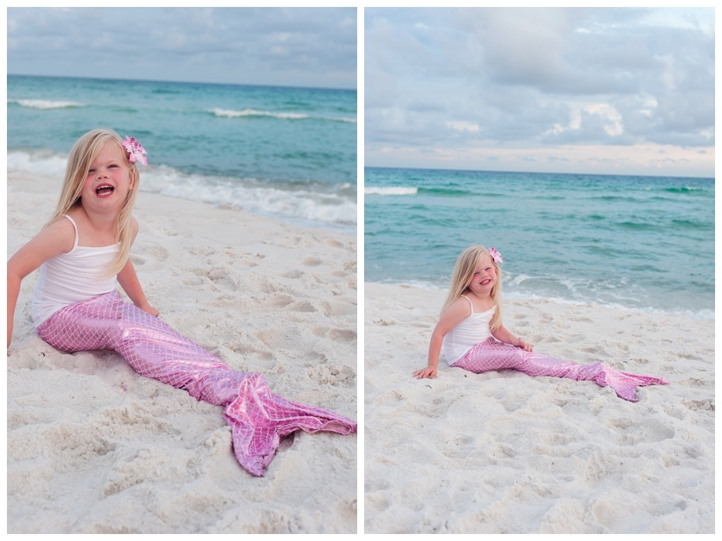 when you grow up little girl on beach with pink mermaid tail