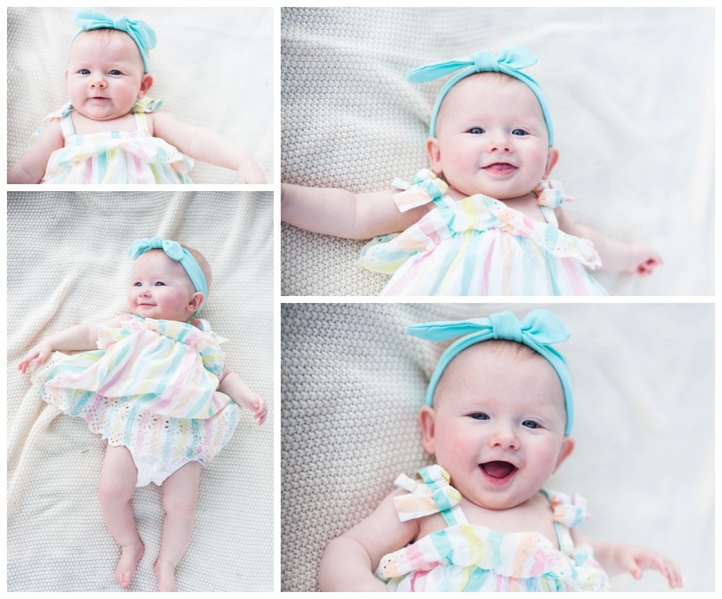 The Marlar Triplets baby in striped dress and blue headband