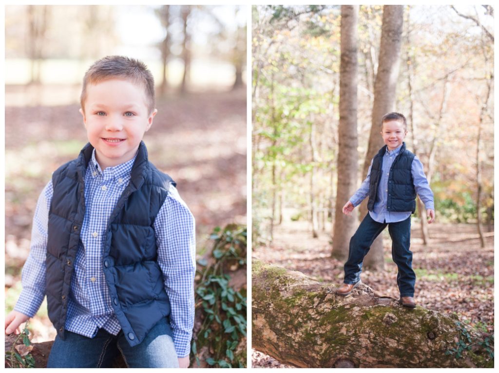 Fall Mini Sessions 2017 boy in vest standing on tree