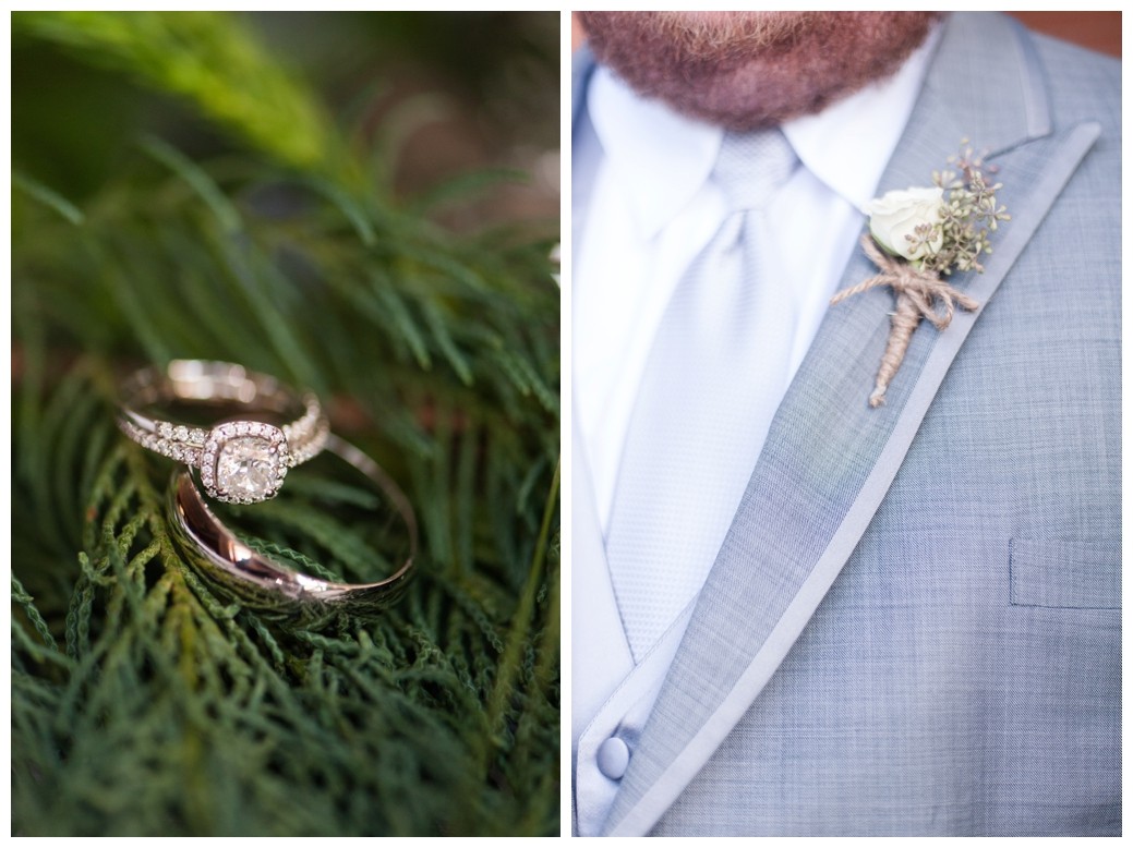 wedding rings in greenery and boutonniere