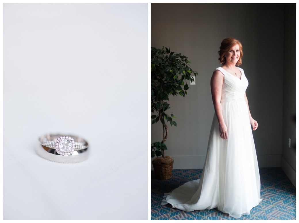 wedding rings on white dress and bride