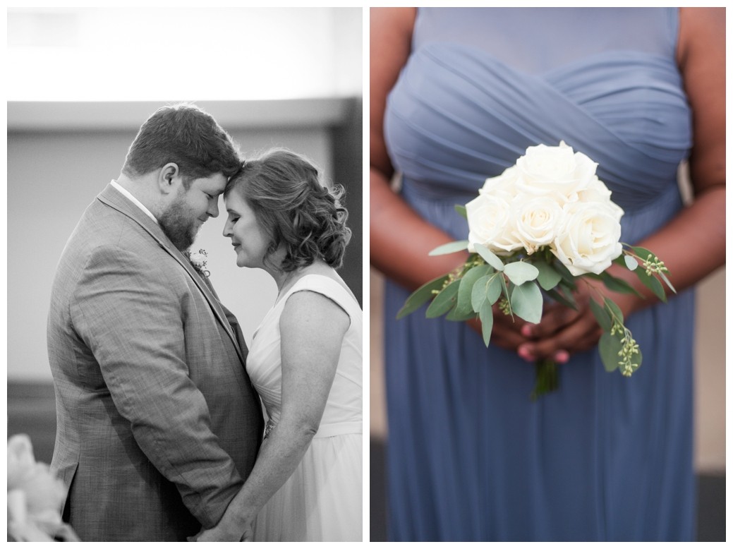 bride and grooms with foreheads together and eyes closed and bridesmaids bouquet