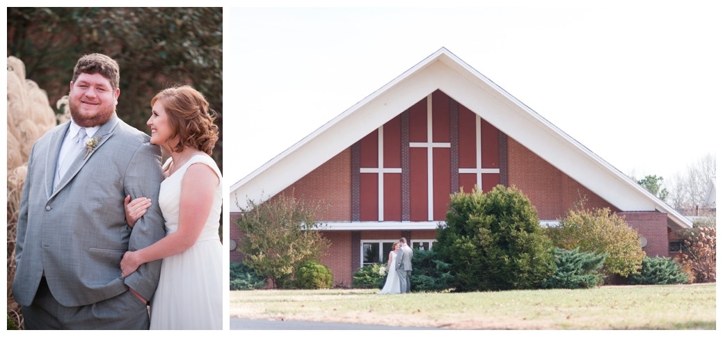 bride holding on to grooms arm looking at him lovingly and front of church