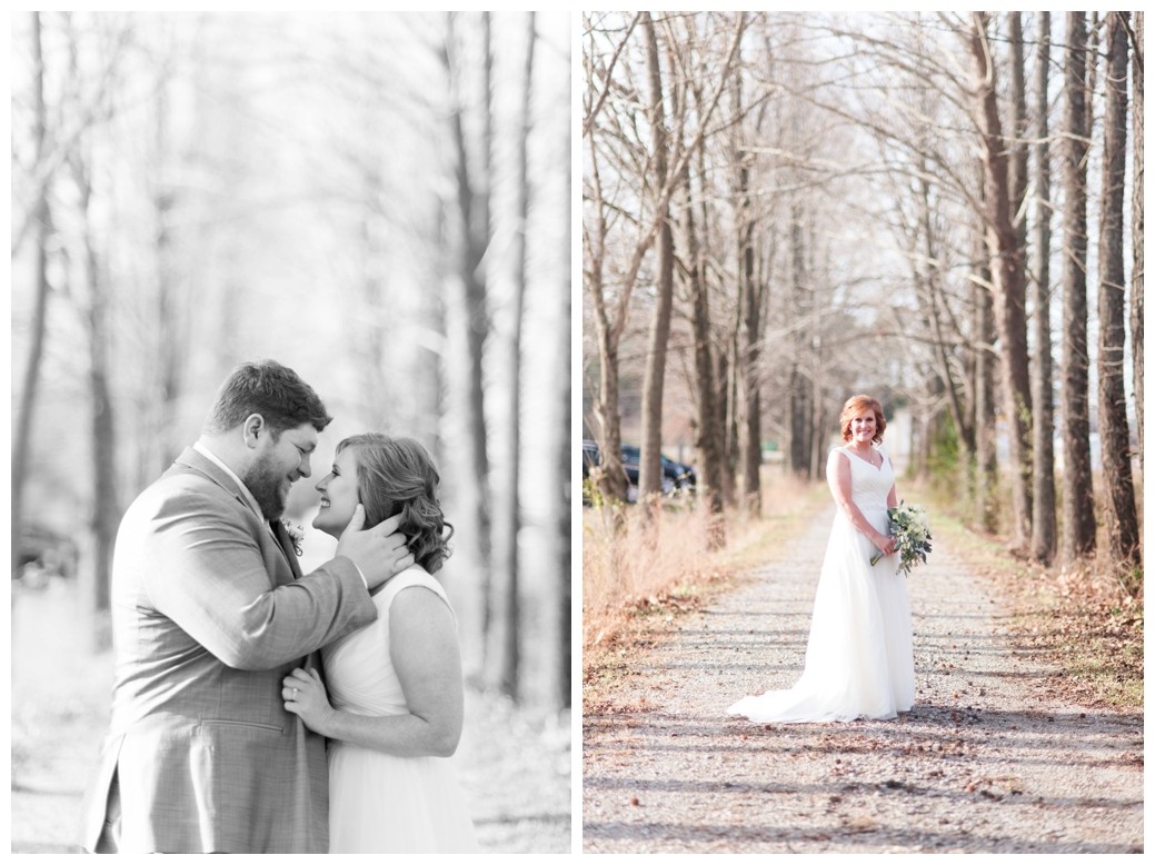 groom holding brides face as they smile at each other and photo of bride on path looking at camera