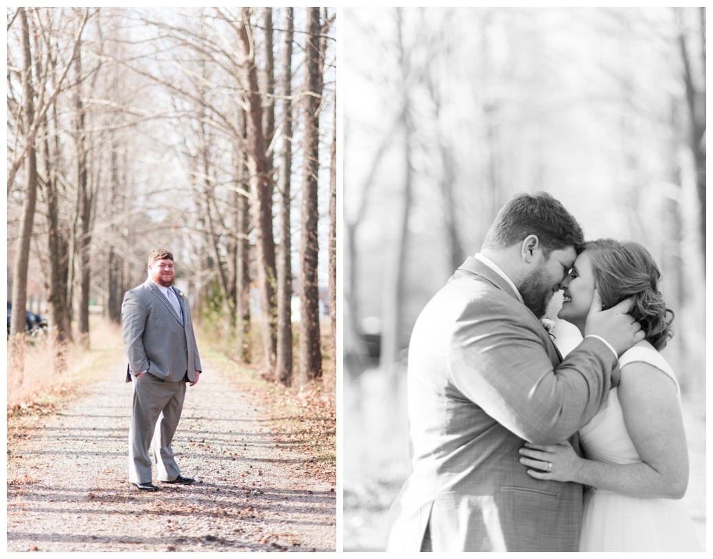 groom on path looking at camera and bride and groom after a kiss