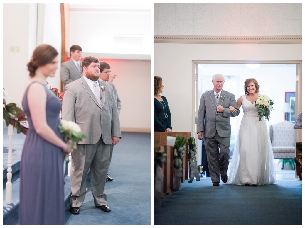 groom looking down aisle for bride and bride and father coming in to ceremony