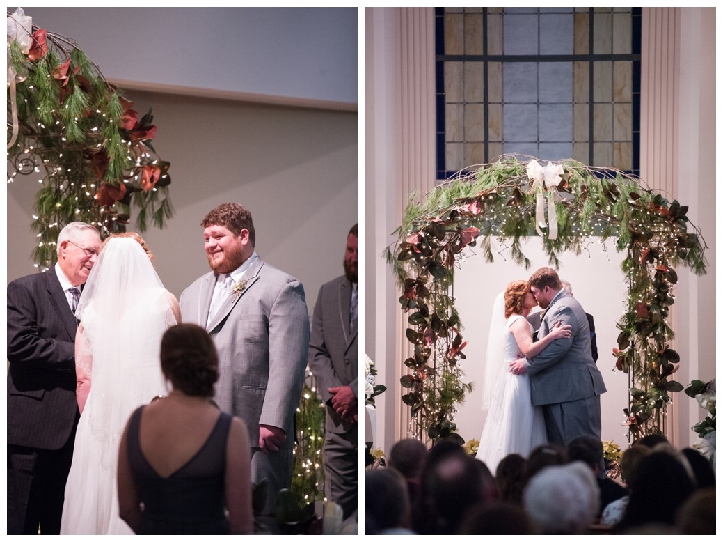 groom smiling at bride at alter and bride and groom kissing at alter