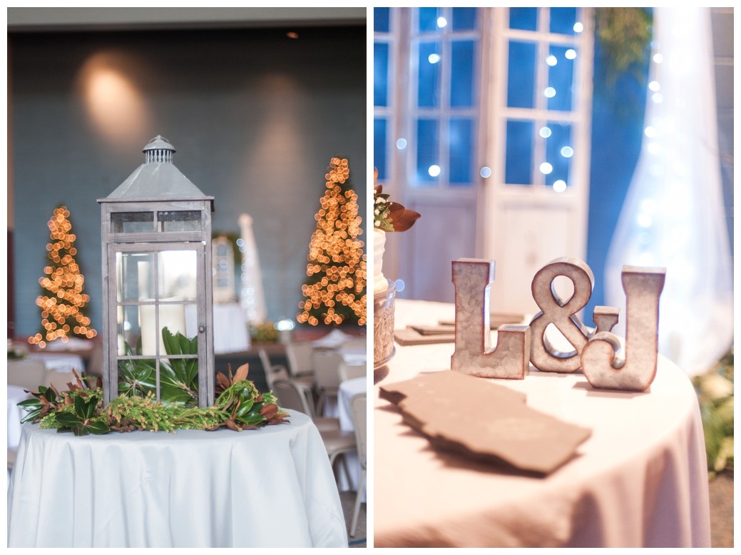 large grey lantern at wedding reception and large L and J on reception table