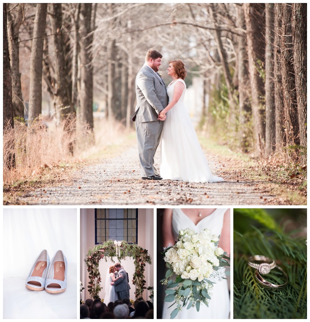 couple outside at winter wedding on a path looking at each other