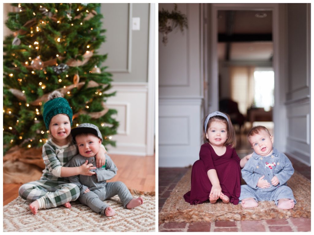 six month session little boy and sister by christmas tree and sitting on rug