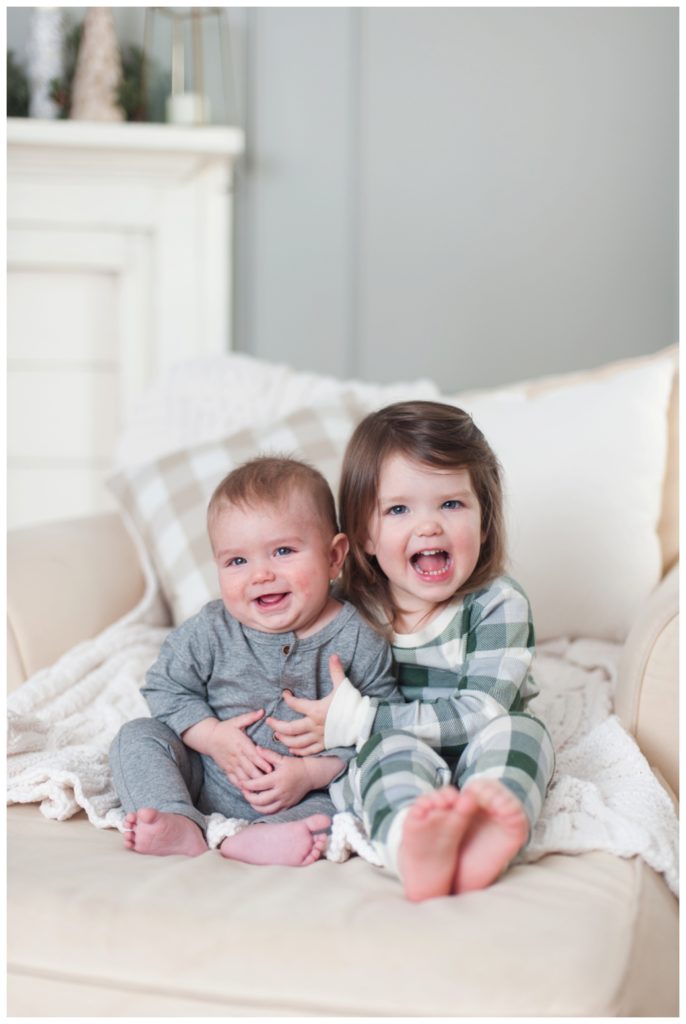 six month session little boy and sister in pajamas