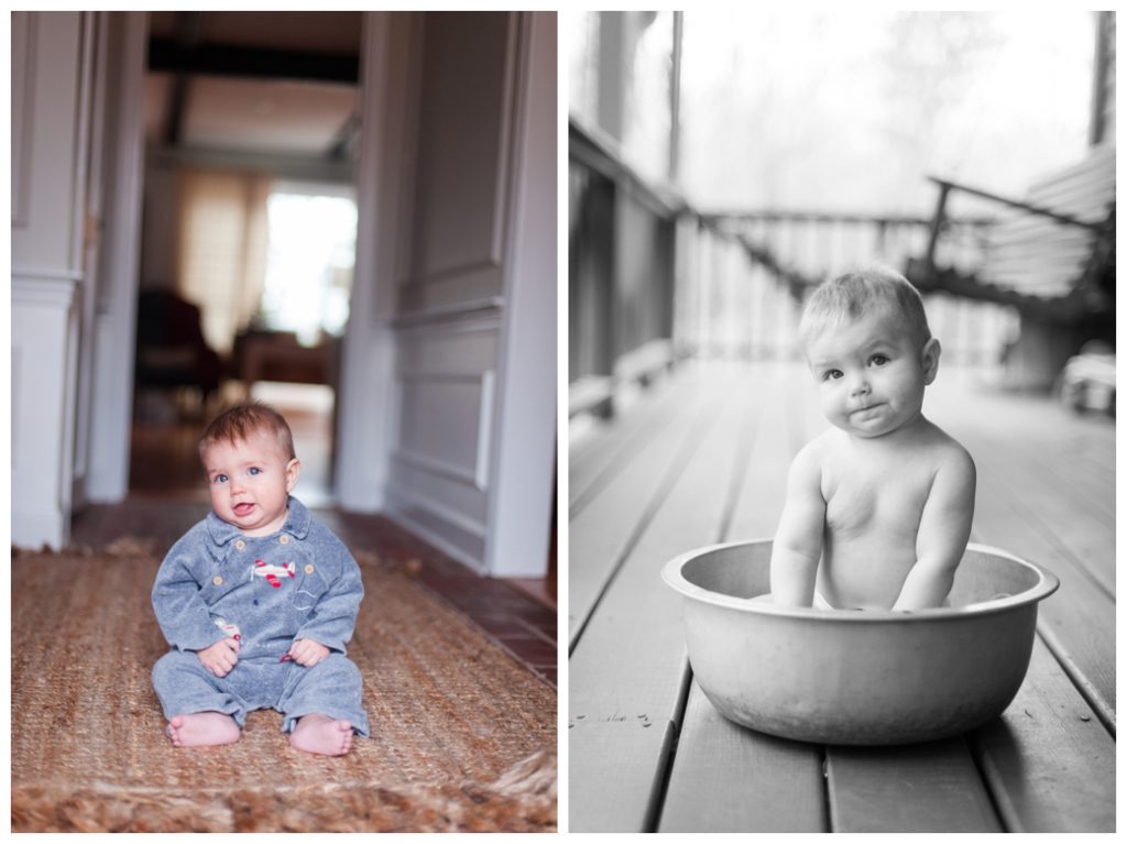 six month session boy in dishpan and sitting on rug