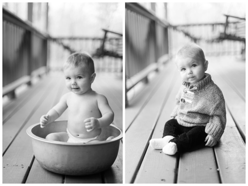 six month session little boy in dishpan and in sweater