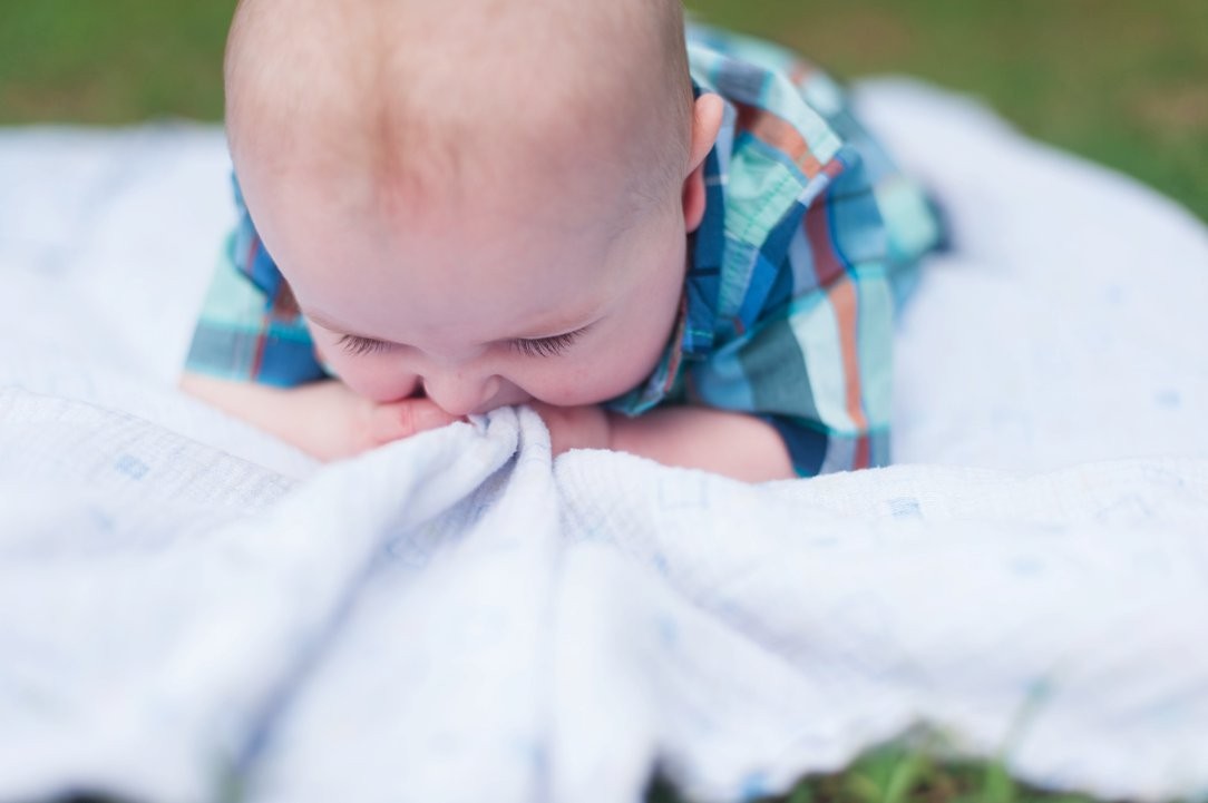 Pine Hill Park portraits Six Month Session chewing blanket