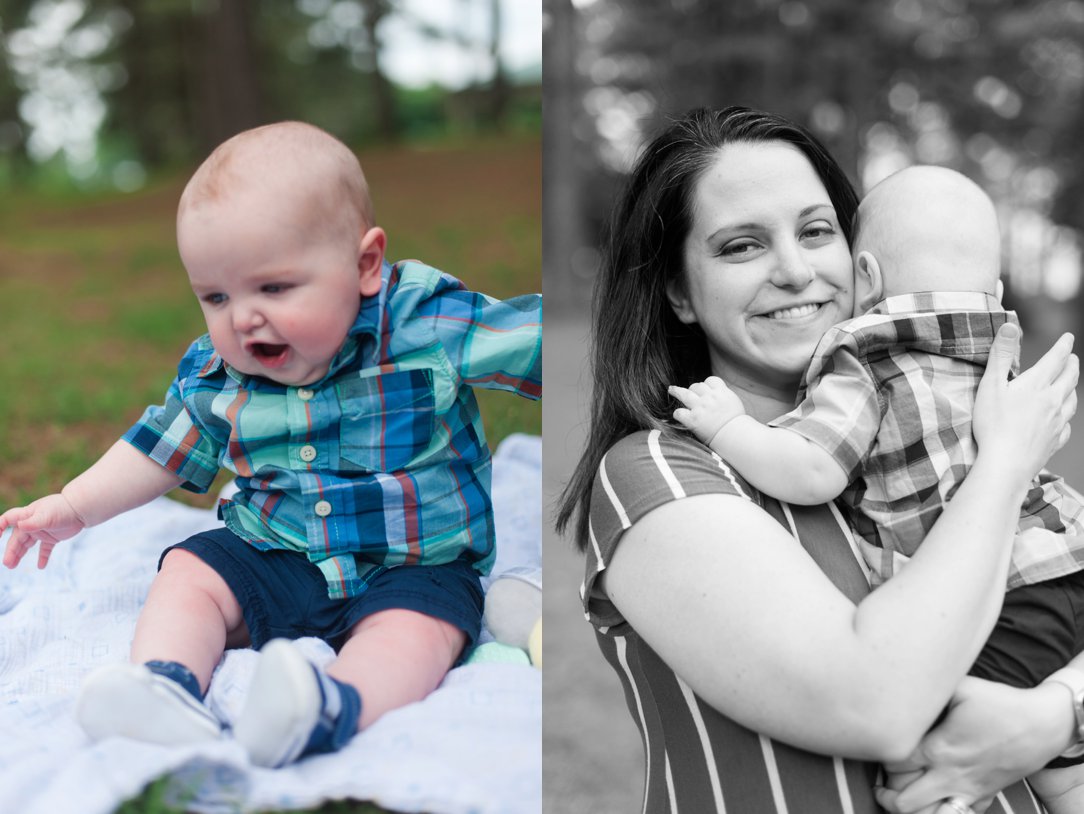 Pine Hill Park portraits Six Month Session sitting up and hugging mom