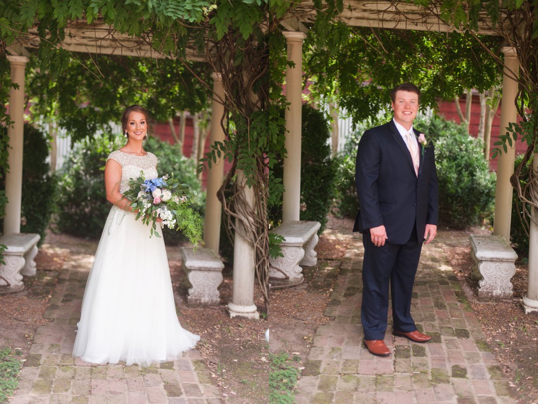 The Columns in Bolivar & Falcon Ridge Farm Wedding bride and groom under pergula