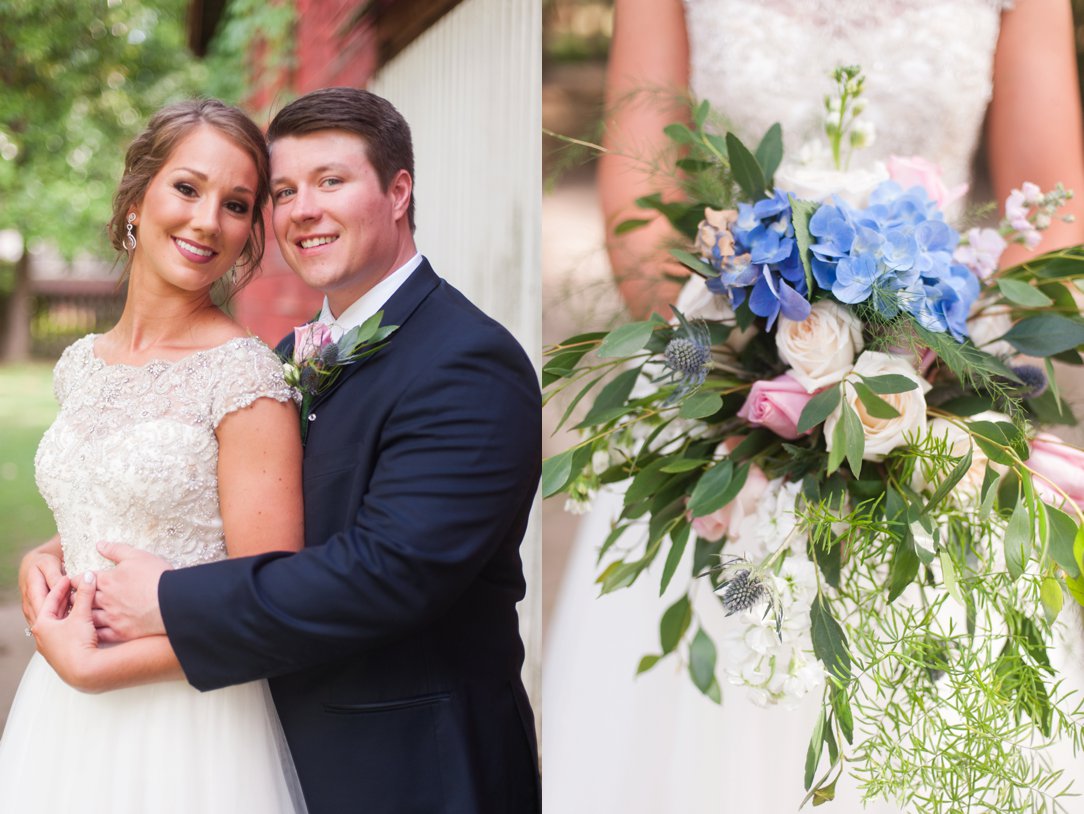 The Columns in Bolivar & Falcon Ridge Farm Wedding bride and groom and flowers