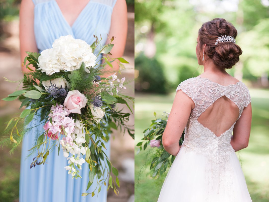 The Columns in Bolivar & Falcon Ridge Farm Wedding flowers and back of brides dress