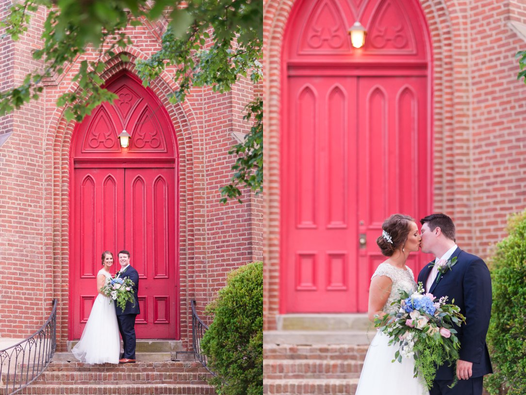 The Columns in Bolivar & Falcon Ridge Farm Wedding bride and groom by red door