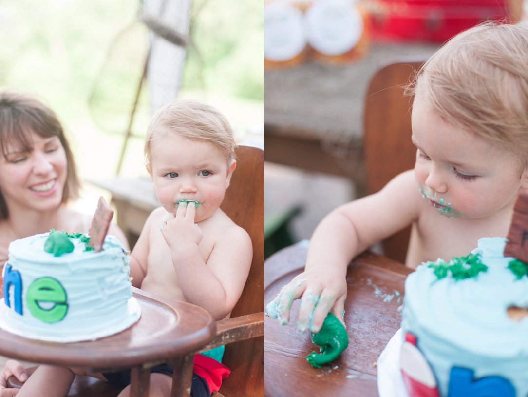 first birthday party eating cake