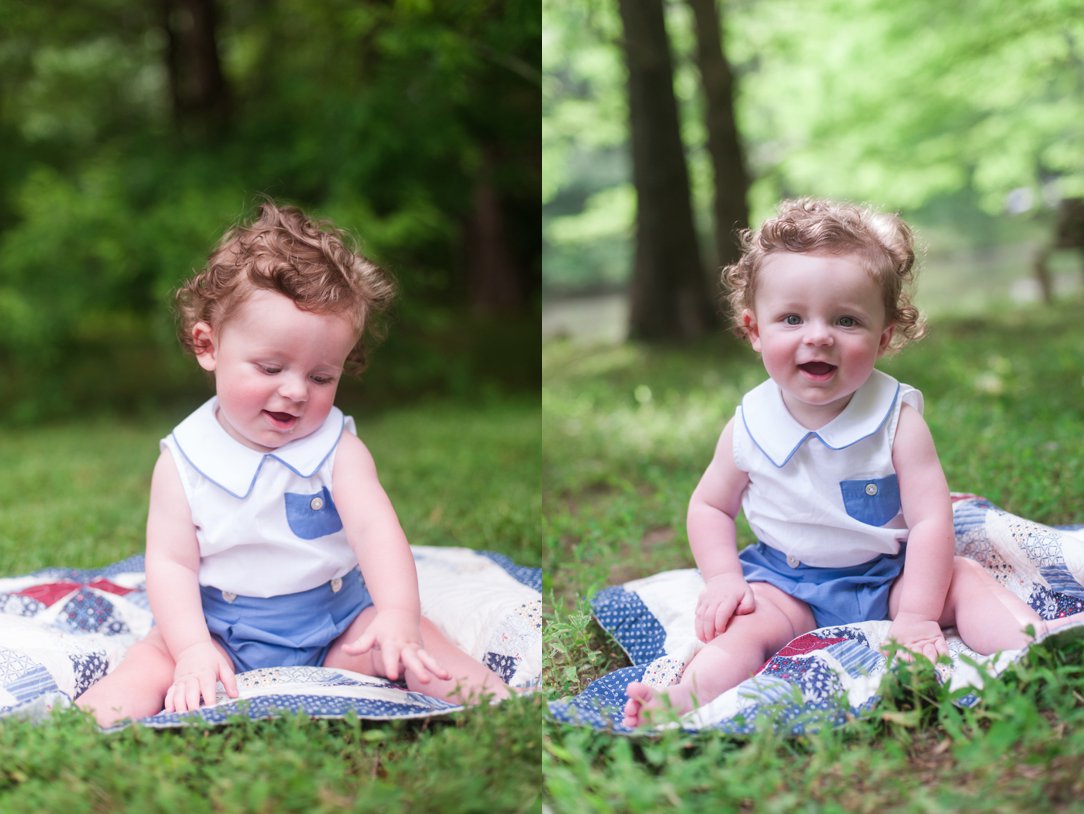 six-month-old portrait little boy on blanket in grass