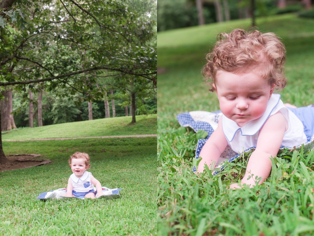 six-month-old portrait boy crawling on grass