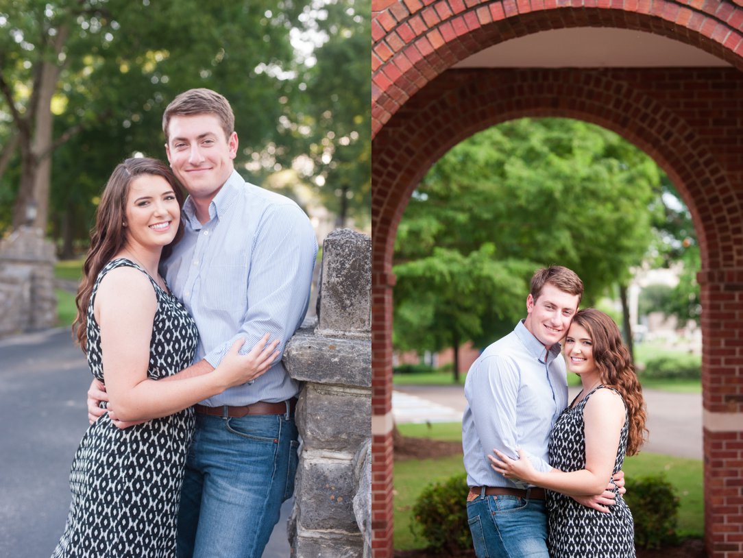 First Presbyterian Jackson engagement couple by stone and under arch