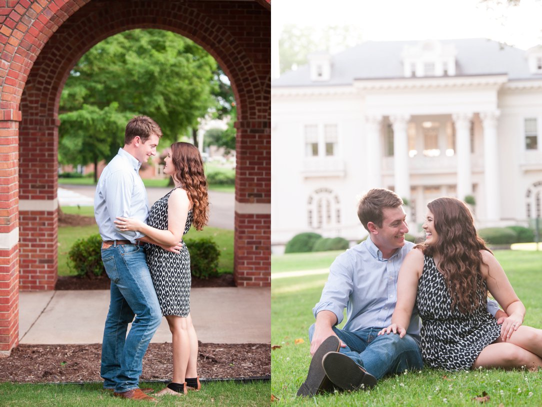 First Presbyterian Jackson engagement couple in front of mansion and under arch