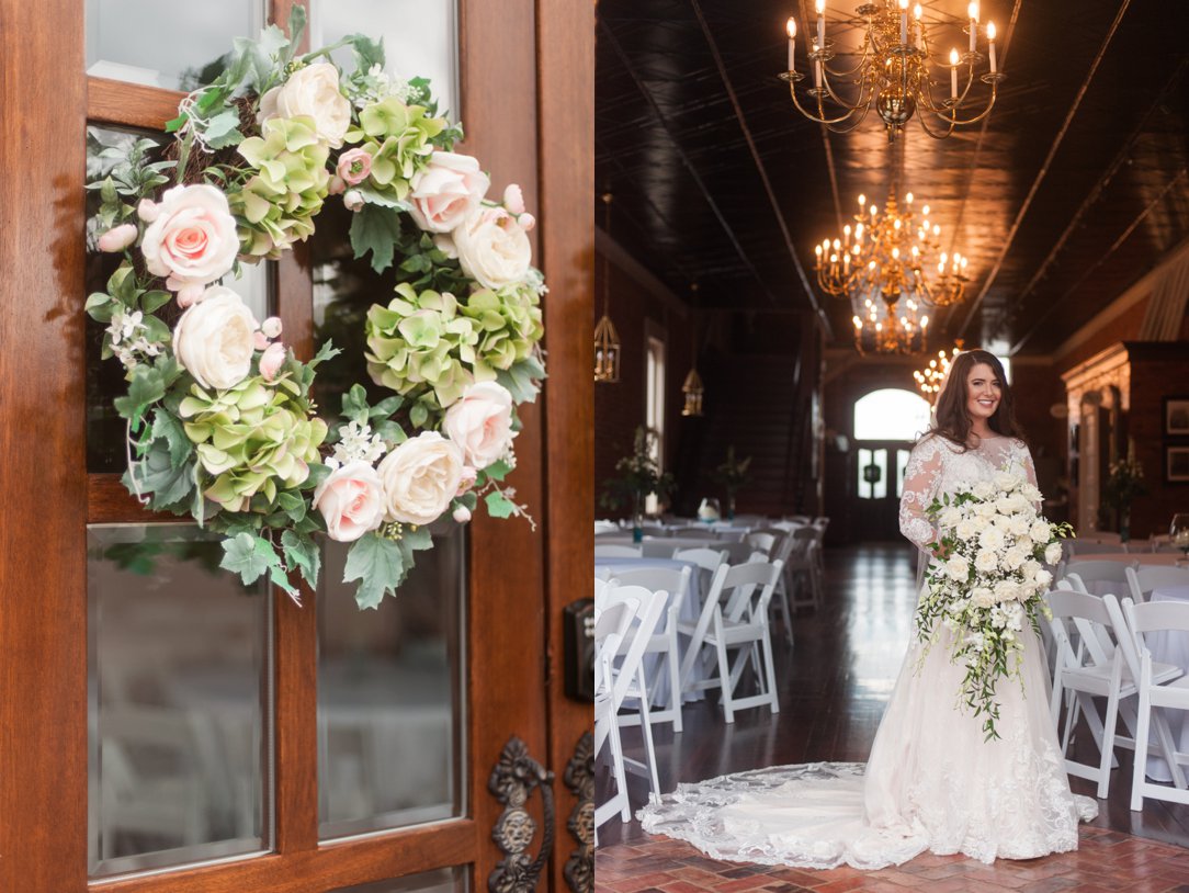 The colonial tea room wreath and bride in doorway