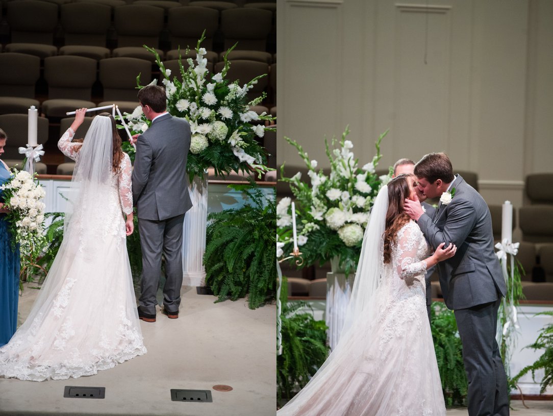 The colonial tea room bride and groom kissing