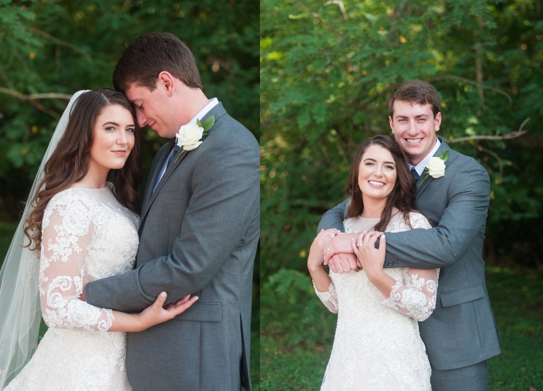 The colonial tea room bride and groom in front of trees