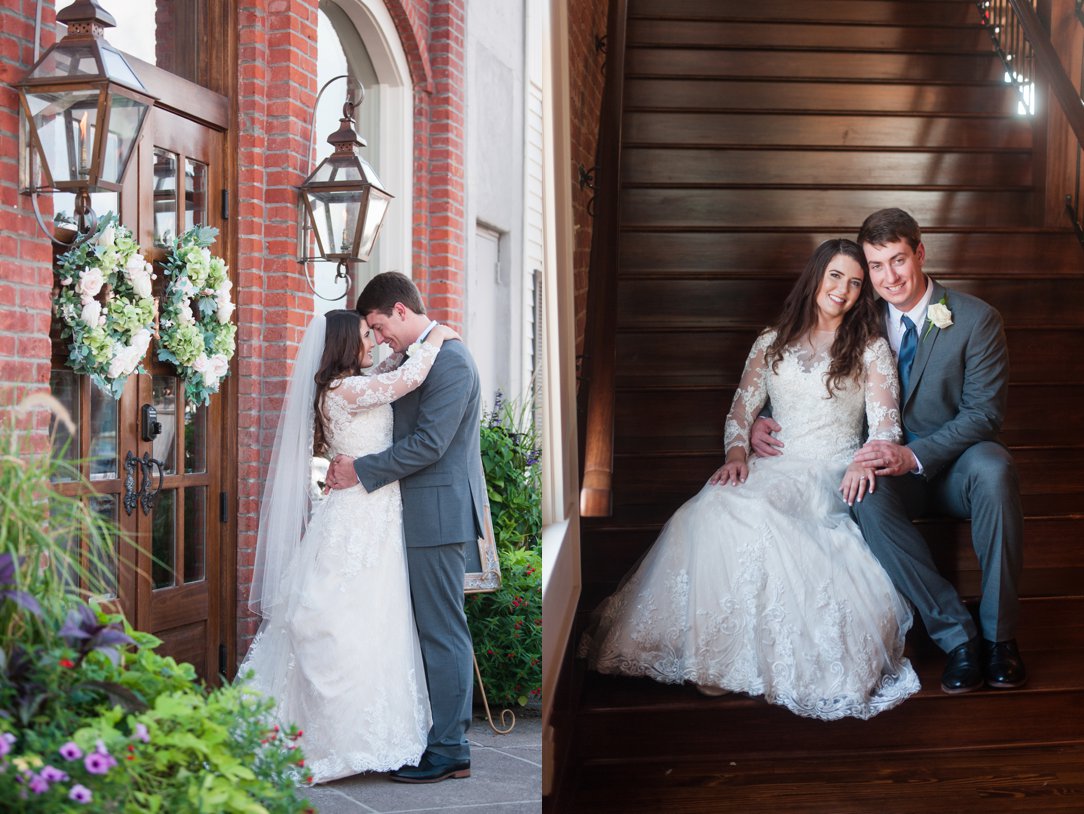 The colonial tea room bride and groom on staircase and outside