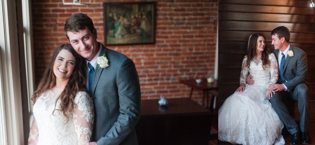 The colonial tea room bride and groom by window