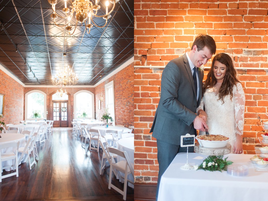 The colonial tea room bride and groom cutting pie