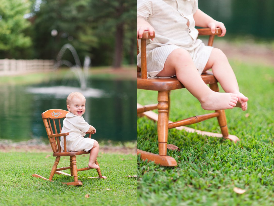 Pine Hill Park Spencer one year old in rocking chair by pond