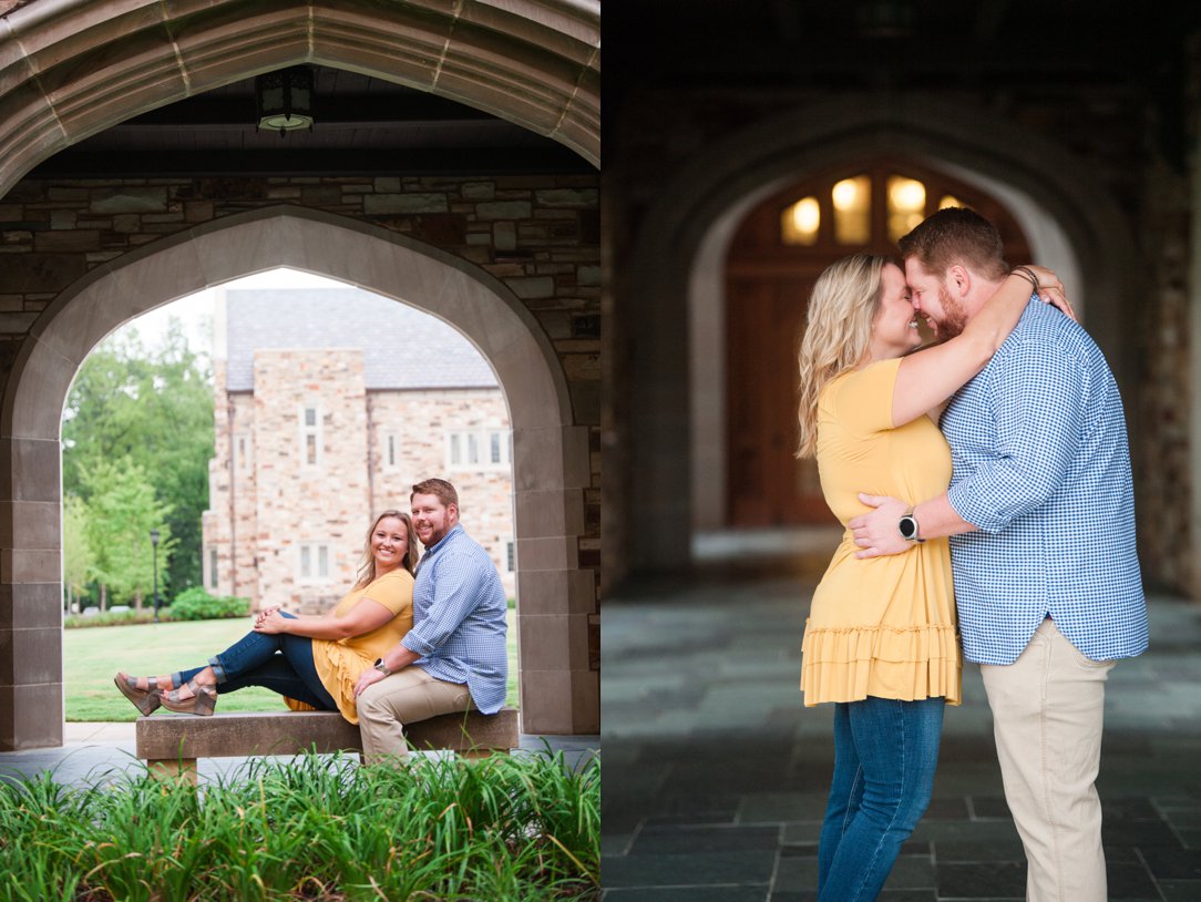 Rhodes College Engagement on bench under arch