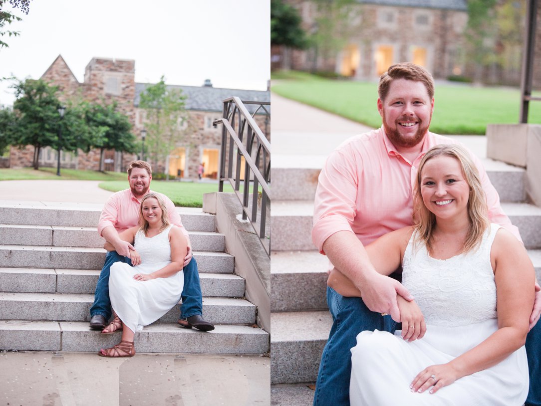 Rhodes College Engagement couple sitting on stairs