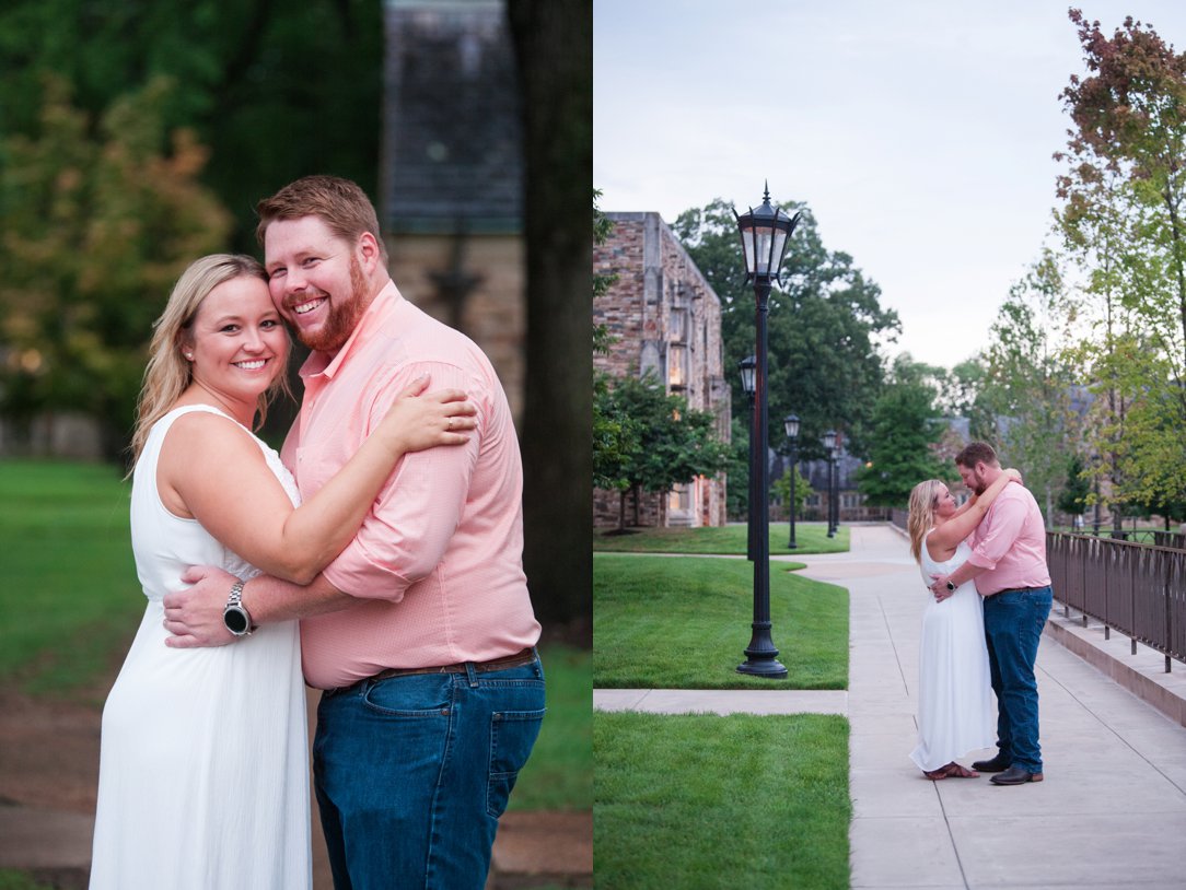 Rhodes College Engagement standing on sidewalk by light post