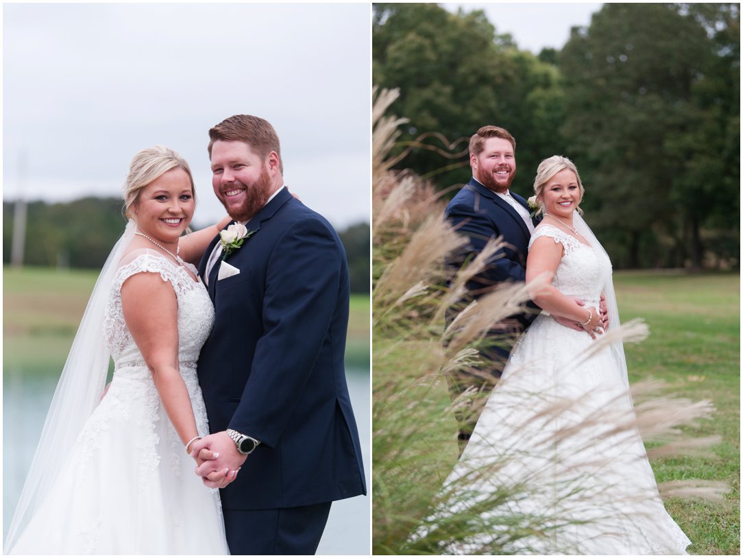 The Venue at Waddell Place bride and groom by pond and in grass