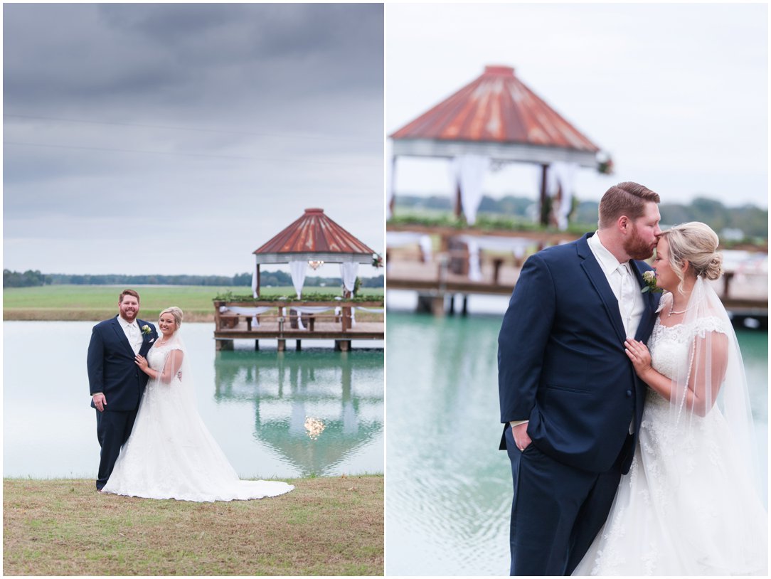 The Venue at Waddell Place bride and groom by gazebo and pond