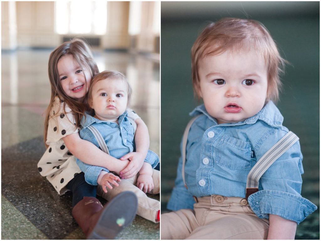 The New Southern portrait session. big sister and baby brother. Boy in blue shirt and suspenders