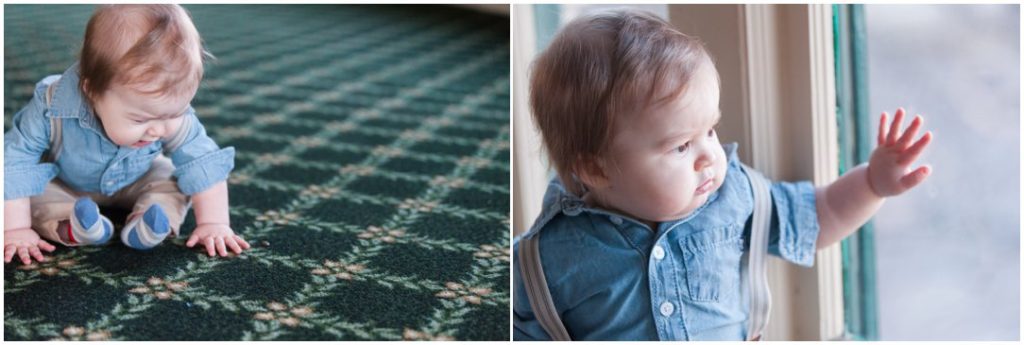 The New Southern portrait session little boy on green carpet and little boy in window touching glass