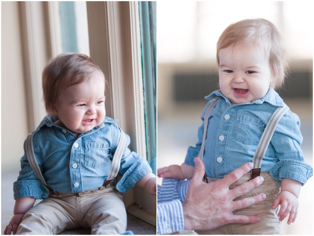 The New Southern portrait session little boy laughing in suspenders